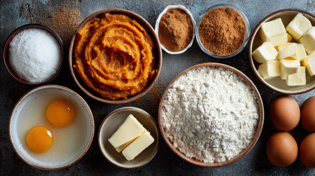 snack cake ingredients flat lay with autumn napkin, warm tones and cozy props