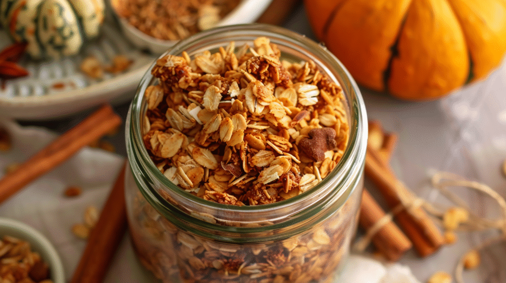 Homemade pumpkin pie spiced granola with nuts and seeds in a bowl