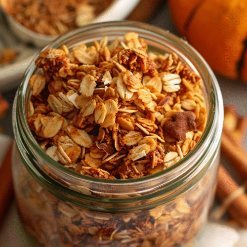 Homemade pumpkin pie spiced granola with nuts and seeds in a bowl