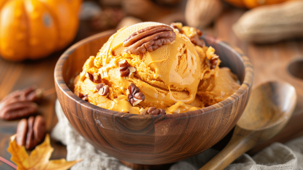 Delicious pumpkin pecan yogurt in a bowl topped with pecans and spices