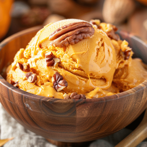 Delicious pumpkin pecan yogurt in a bowl topped with pecans and spices