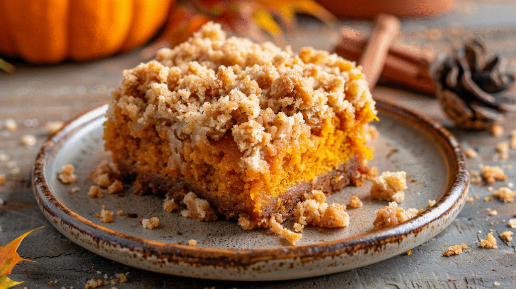 Pumpkin snack cake with golden crunchy streusel topping on a rustic ceramic plate.
