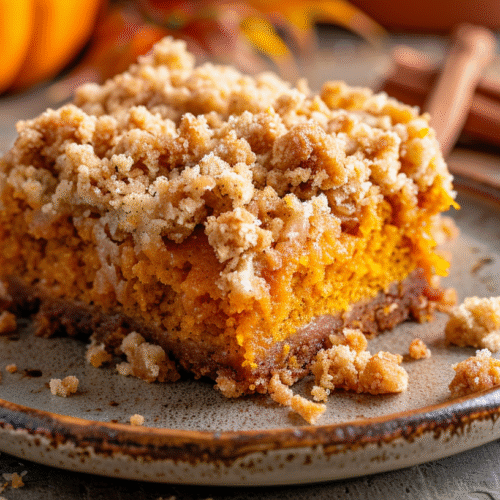 Pumpkin snack cake with golden crunchy streusel topping on a rustic ceramic plate.