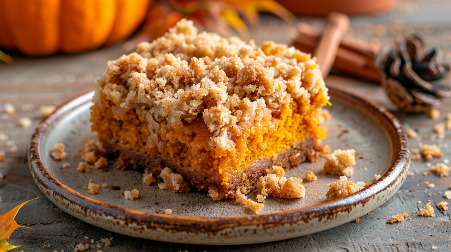 Pumpkin snack cake with golden crunchy streusel topping on a rustic ceramic plate.