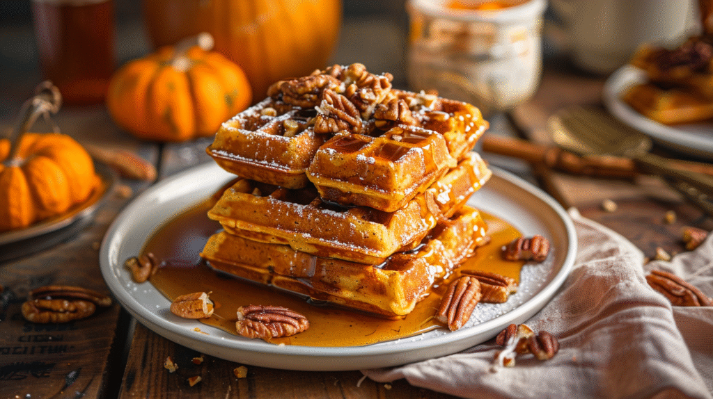 Delicious spiced pumpkin waffles with brown butter maple syrup