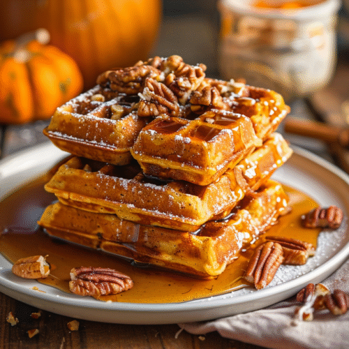 Delicious spiced pumpkin waffles with brown butter maple syrup