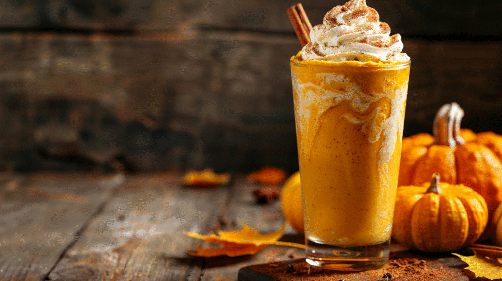 Ingredients for pumpkin milkshake arranged on a rustic table.