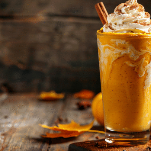 Ingredients for pumpkin milkshake arranged on a rustic table.