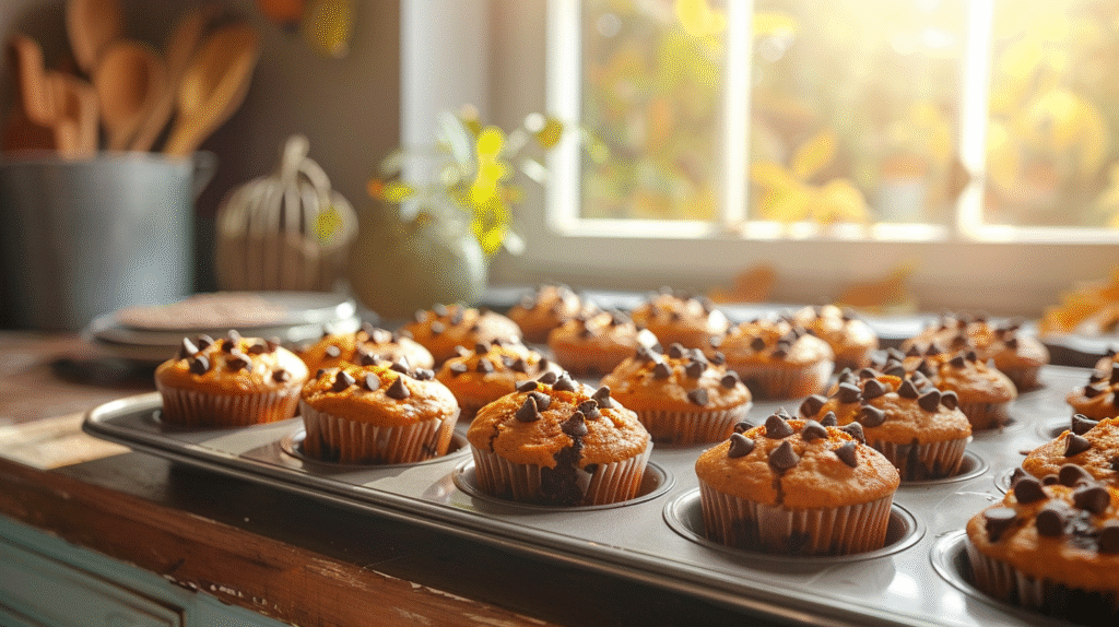 Freshly baked Pumpkin Chocolate Chip Muffins on a rustic table