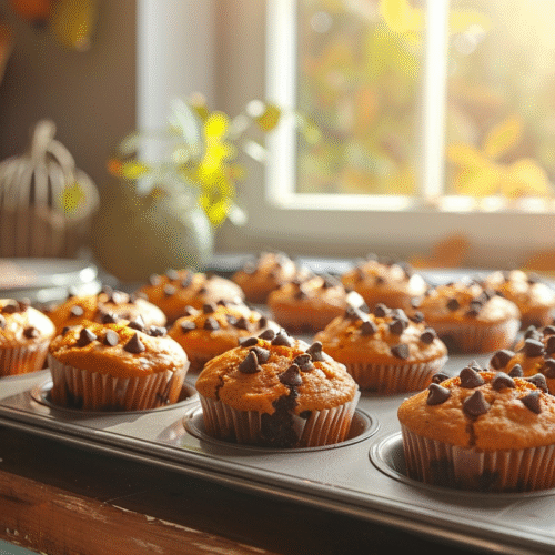 Freshly baked Pumpkin Chocolate Chip Muffins on a rustic table
