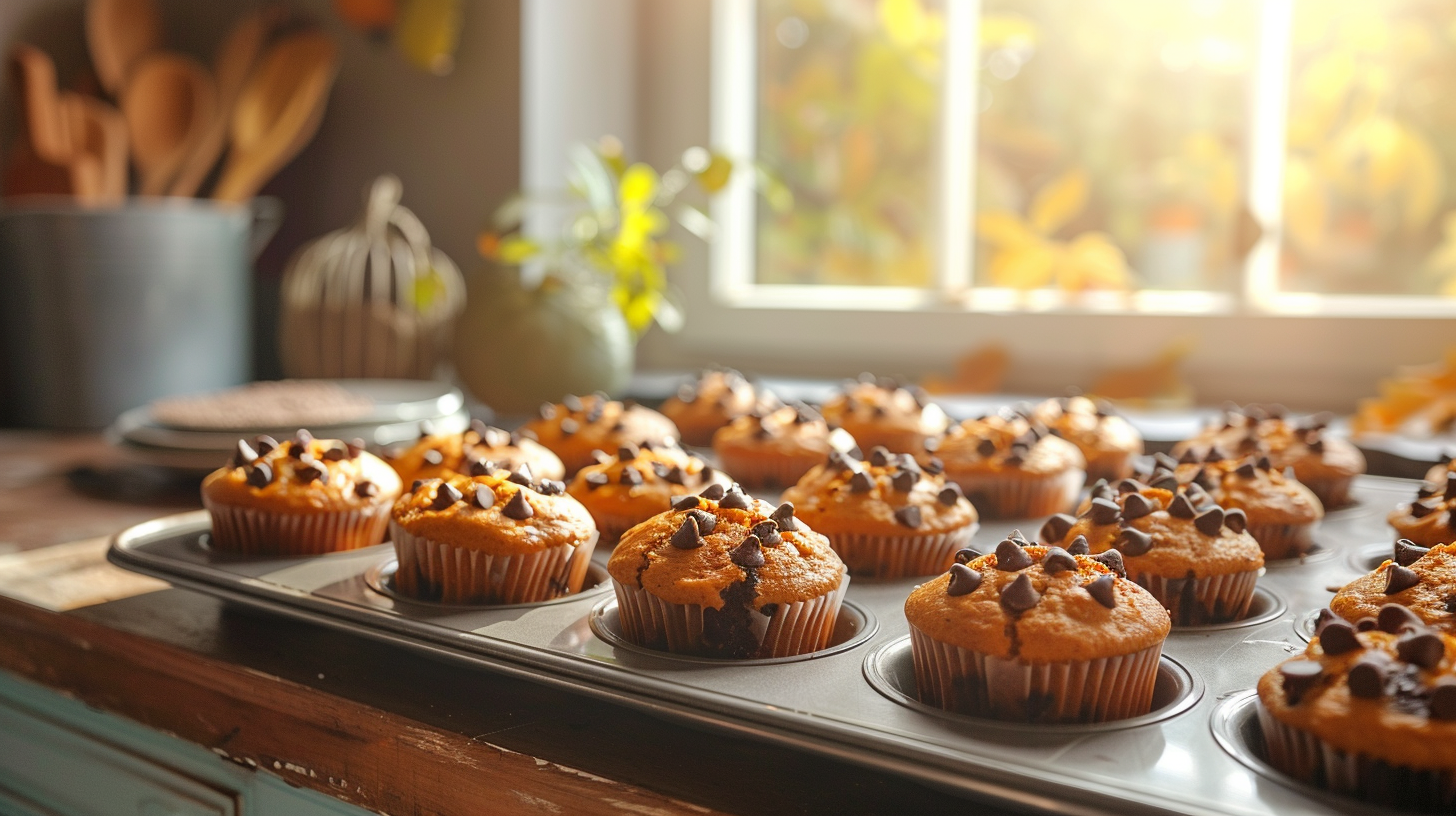 Freshly baked Pumpkin Chocolate Chip Muffins on a rustic table
