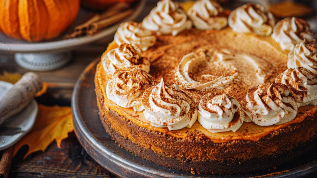 Pumpkin cheesecake with whipped cream swirls and cinnamon sprinkle on a rustic table.