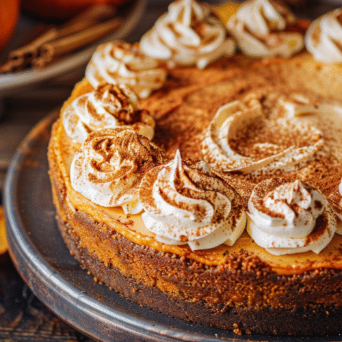 Pumpkin cheesecake with whipped cream swirls and cinnamon sprinkle on a rustic table.