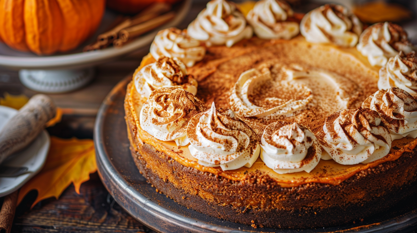 Pumpkin cheesecake with whipped cream swirls and cinnamon sprinkle on a rustic table.