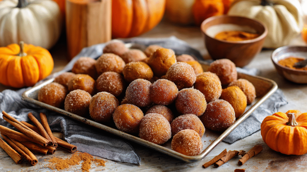 Delicious cinnamon sugar pumpkin donut holes served in a bowl