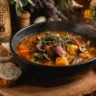Bowl of mystical witch soup with vibrant herbs and spices