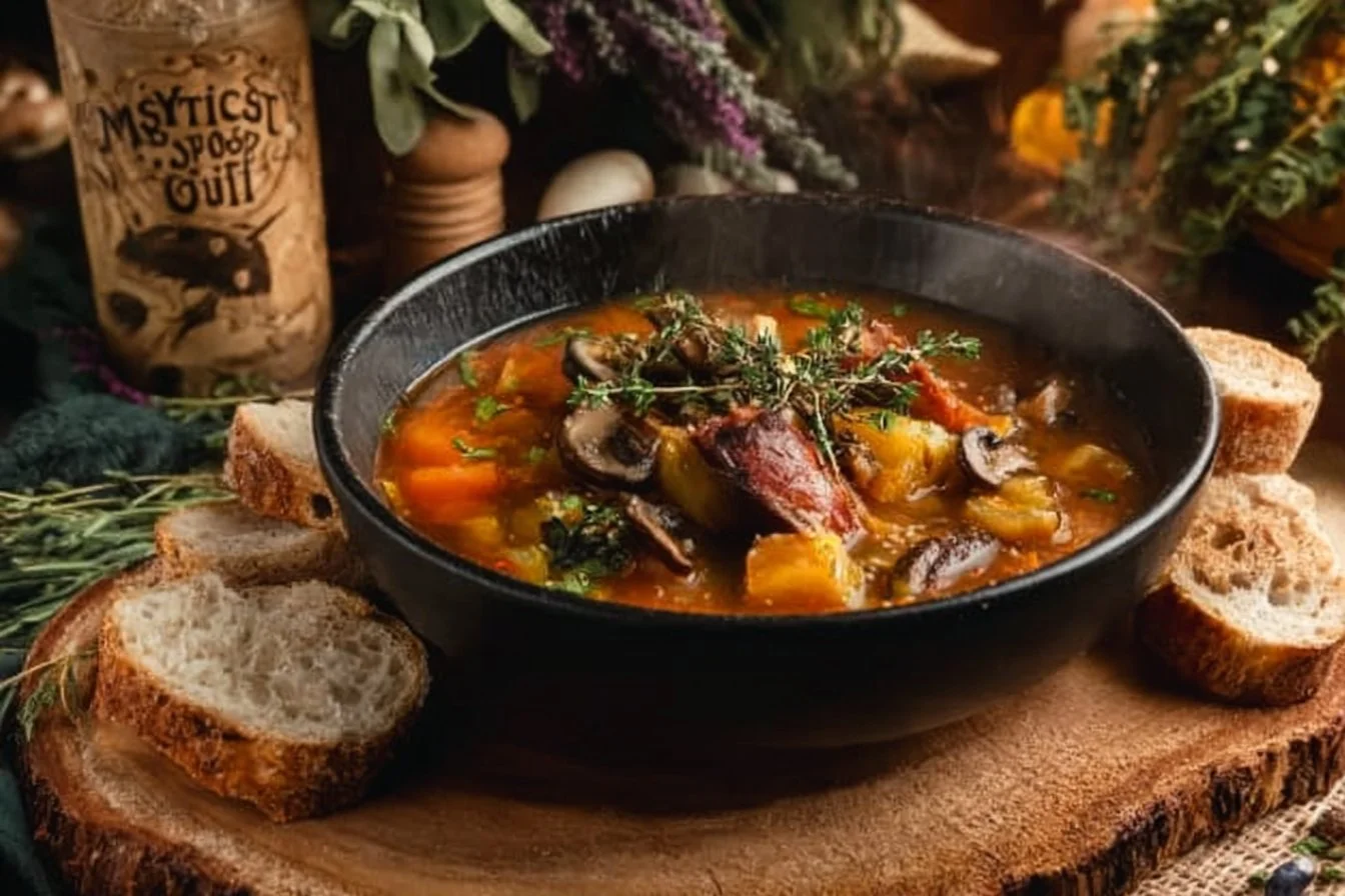 Bowl of mystical witch soup with vibrant herbs and spices