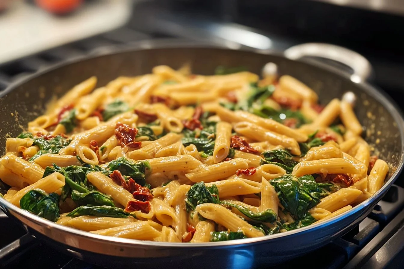 One-Pot Spinach Tomato Pasta recipe with fresh ingredients and vibrant colors