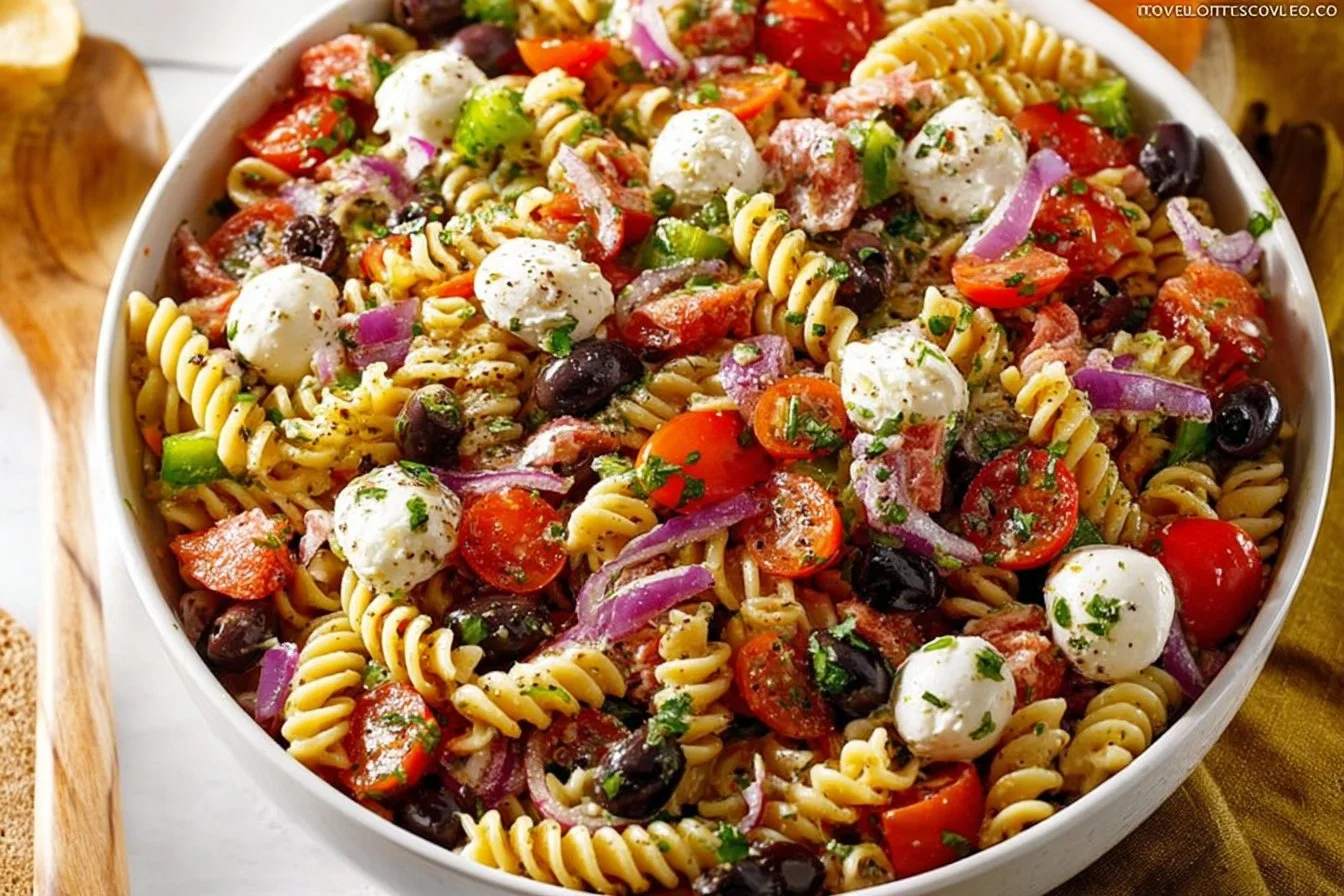 Delicious cold pasta salad in a bowl with fresh vegetables and dressing
