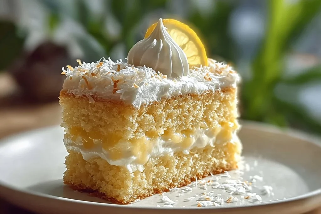 Pineapple Coconut Dream Cake with creamy frosting and fresh fruit toppings