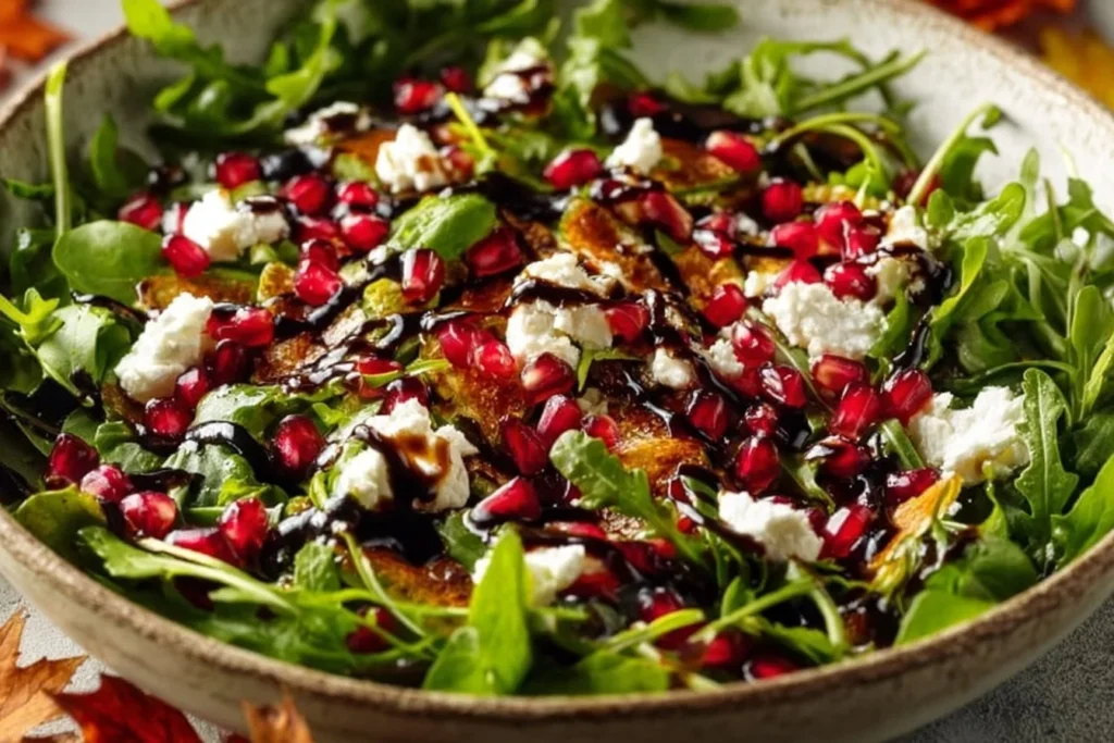 Pomegranate and Goat Cheese Arugula Salad featuring colorful ingredients