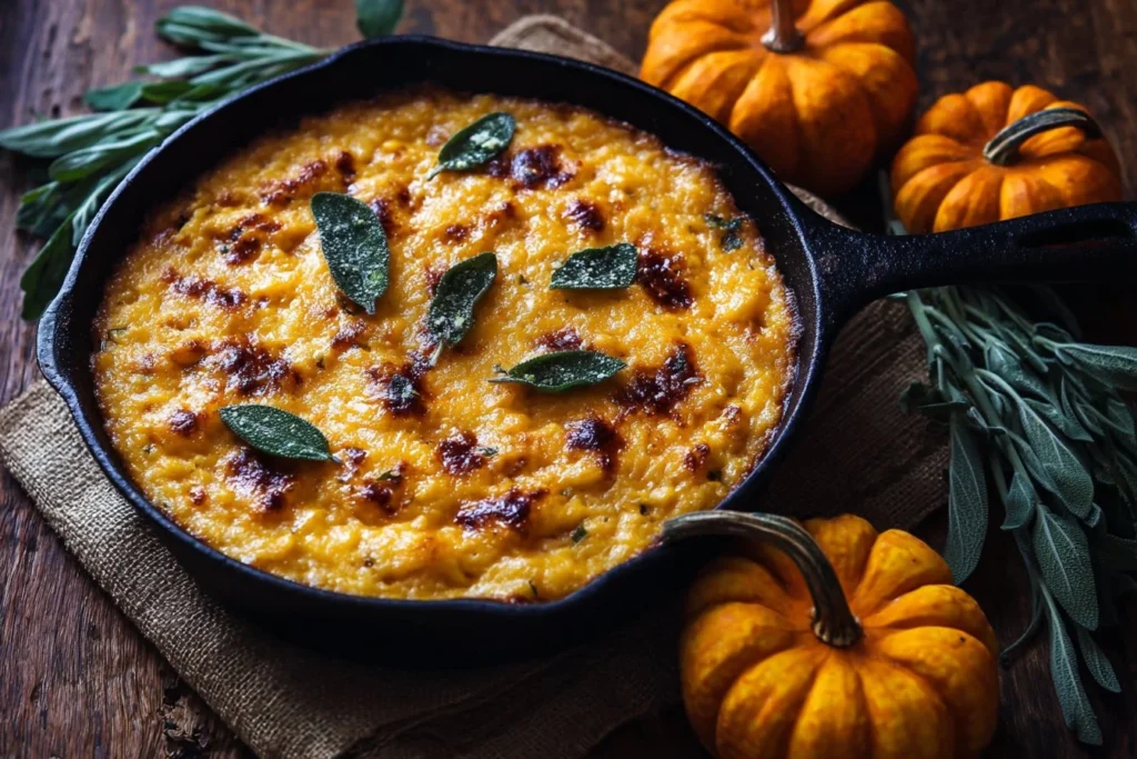 Baked Pumpkin Cauliflower Gratin topped with golden cheese and herbs