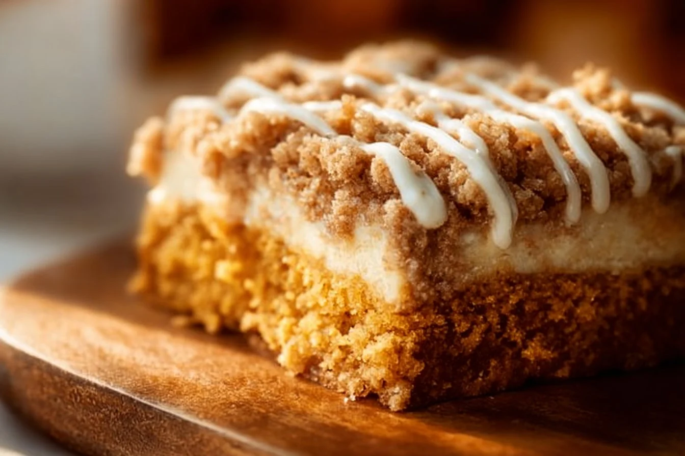 Delicious slice of pumpkin coffee cake topped with cream in a rustic setting
