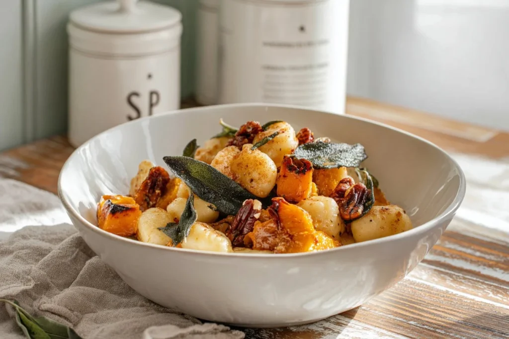 Pumpkin Gnocchi Bake served in a rustic dish, topped with herbs and cheese.