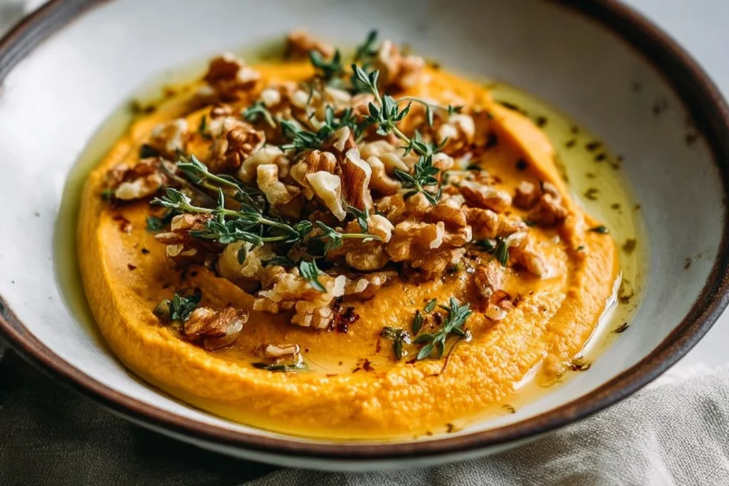 Delicious Pumpkin Whipped Feta Dip served in a bowl with herbs and crackers.