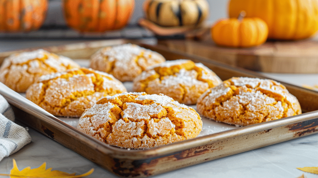 Freshly baked Pumpkin Crinkle Cookies dusted with powdered sugar
