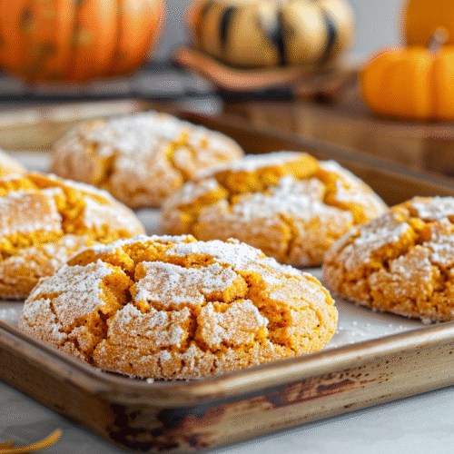 Freshly baked Pumpkin Crinkle Cookies dusted with powdered sugar