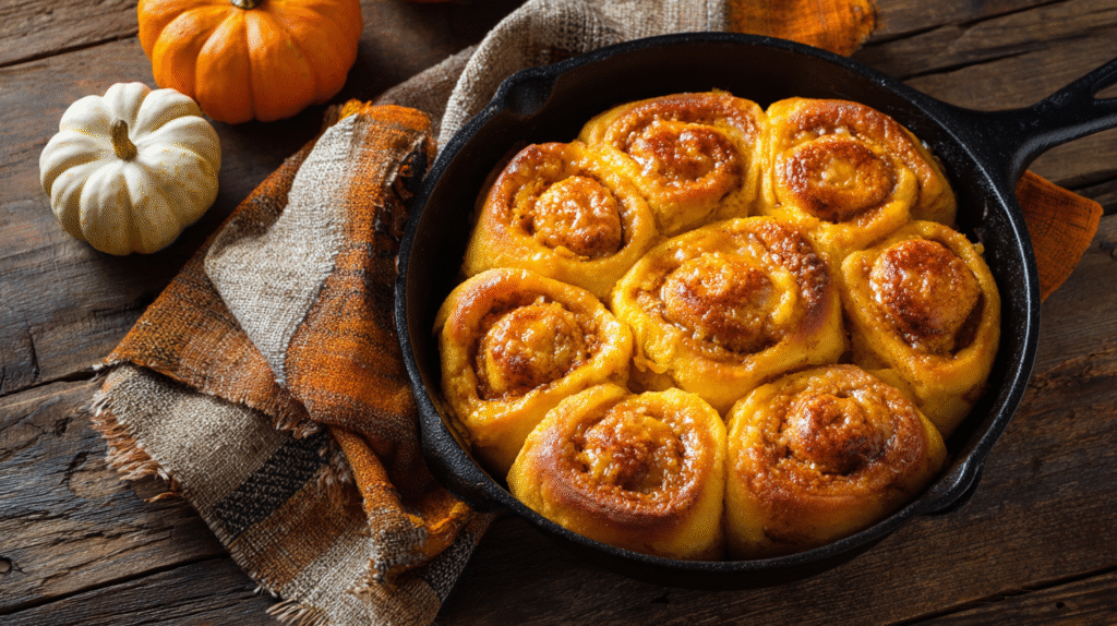 Freshly baked pumpkin pan rolls served on a plate.