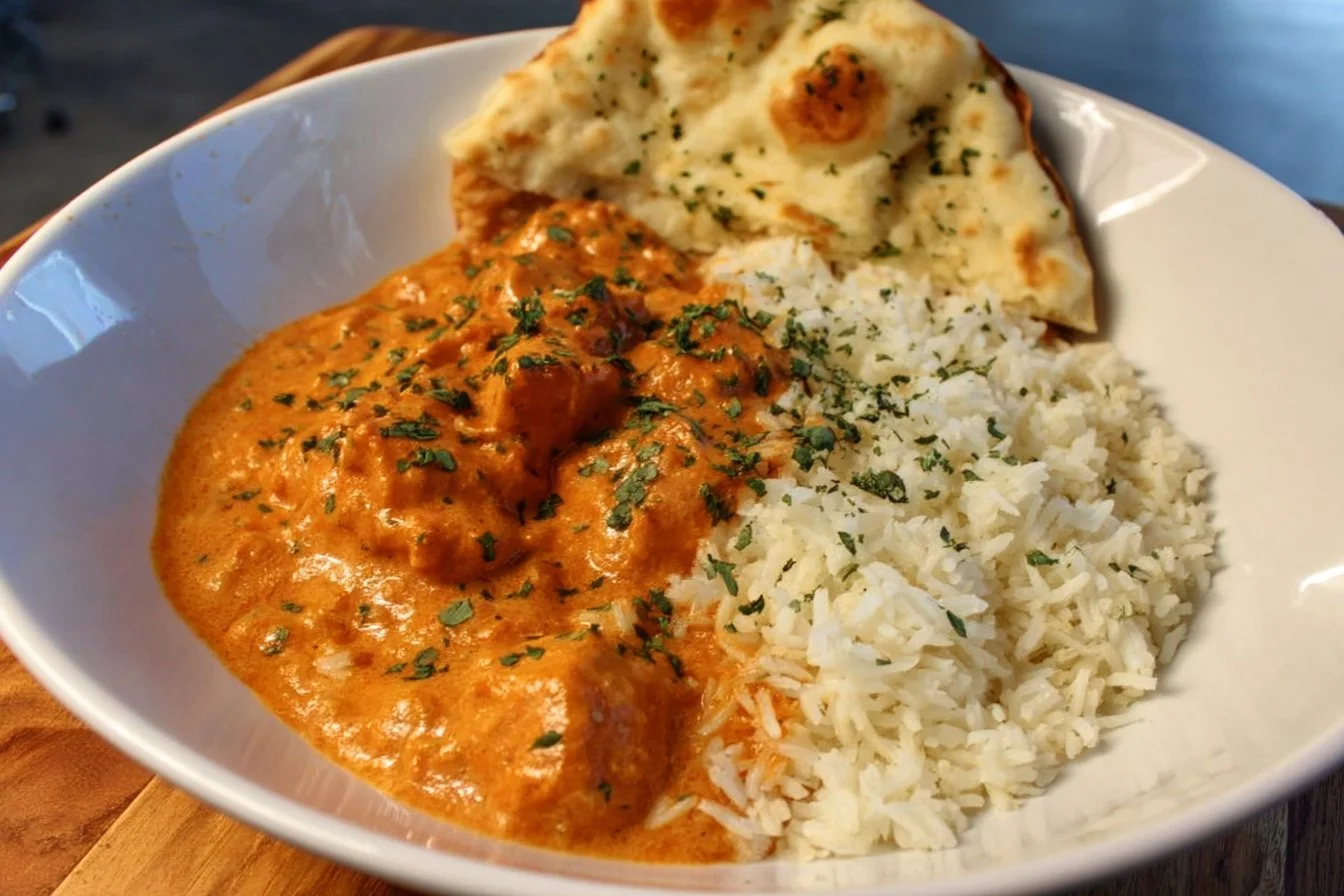 Delicious homemade butter chicken served with rice and naan bread