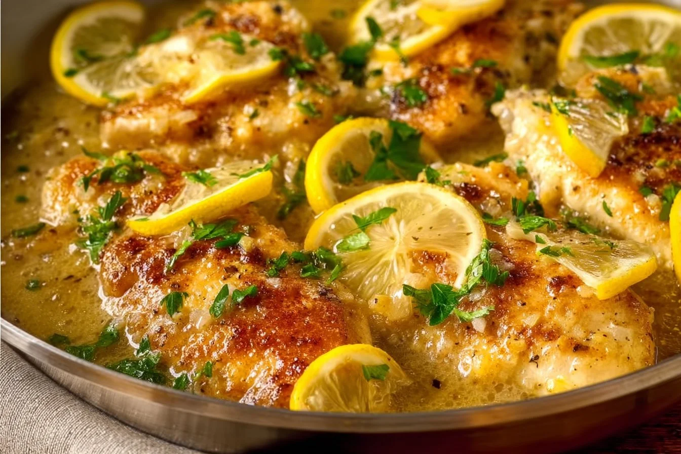 Quick and easy lemon chicken dish served with vegetables on a plate