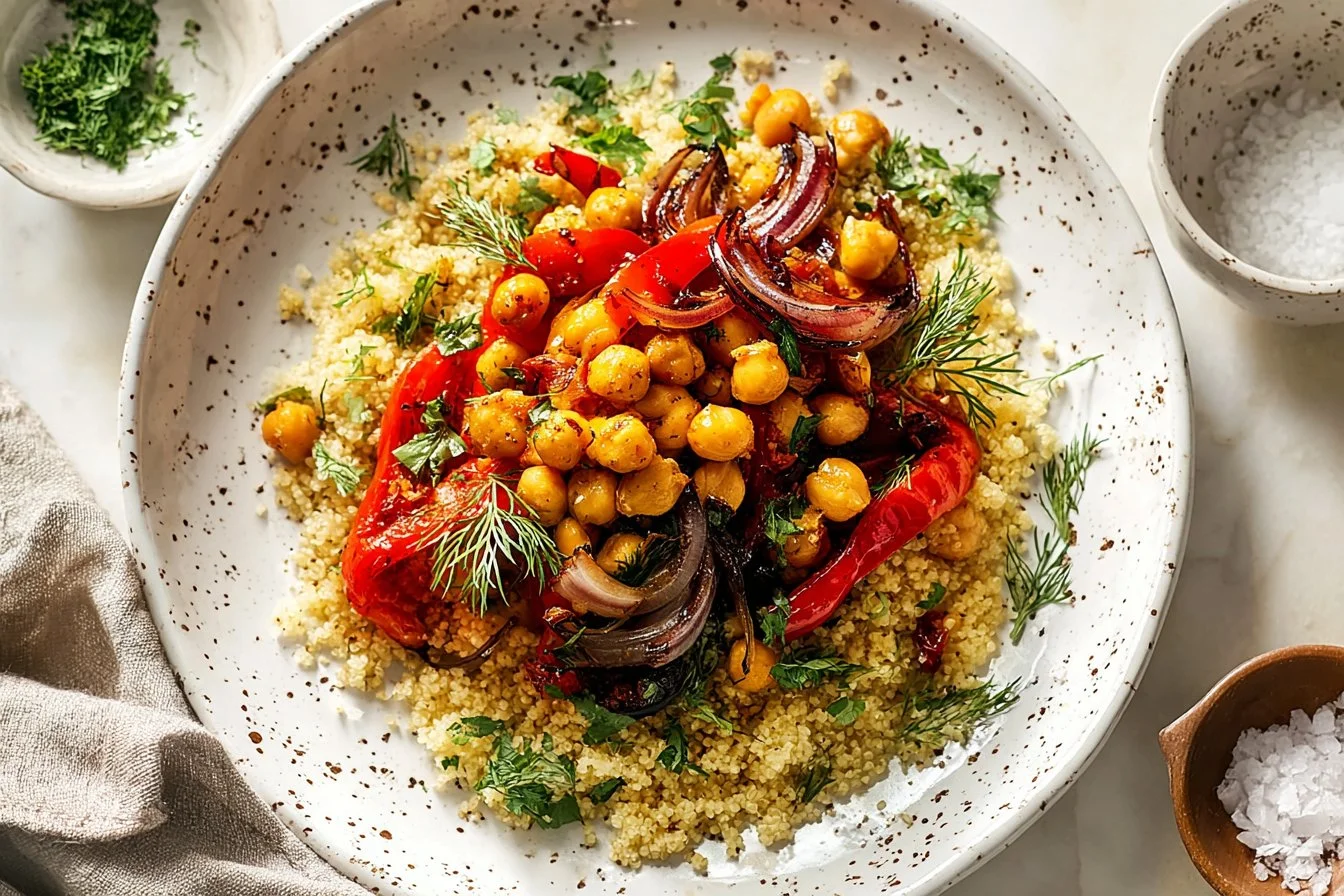 Colorful roasted red pepper salad served in a bowl garnished with herbs.