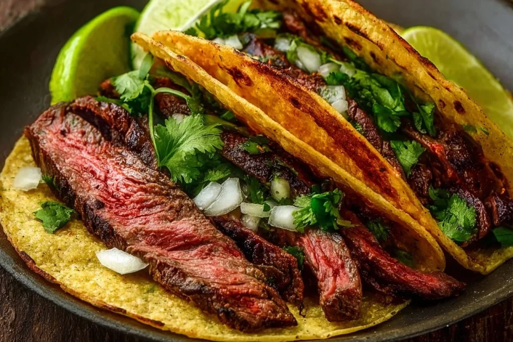 Delicious skirt steak tacos served with fresh toppings