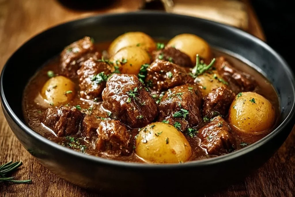 Slow cooker garlic butter beef bites with potatoes served in a bowl