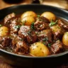 Slow cooker garlic butter beef bites with potatoes served in a bowl