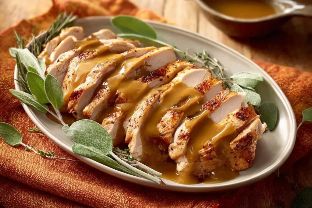 Slow cooker Thanksgiving turkey served with sides and garnished decoratively