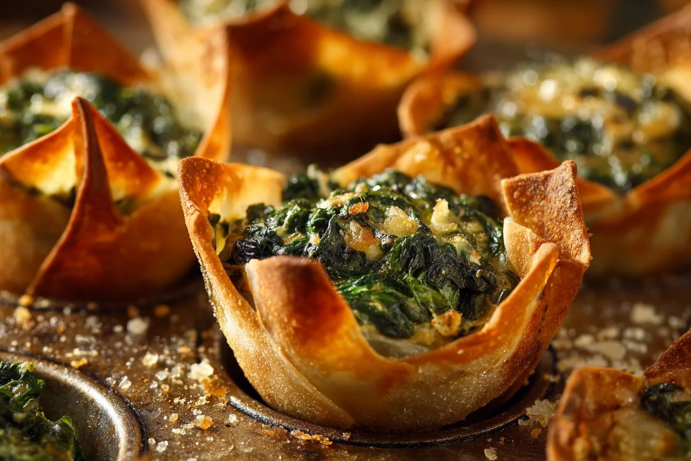Savory spinach and artichoke filling in crispy wonton cups