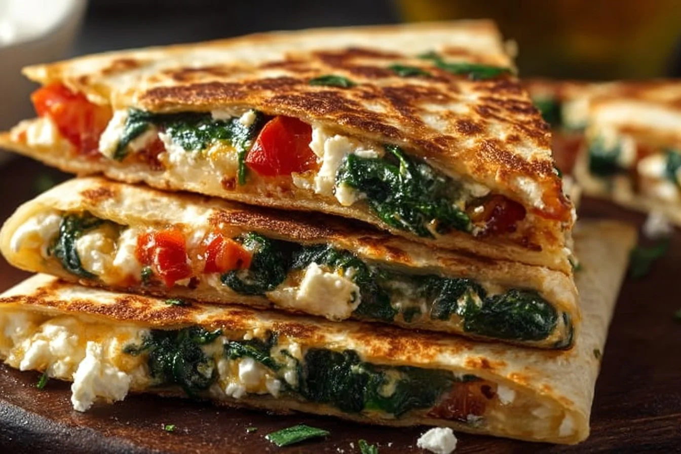 Golden brown spinach and feta quesadillas served with dipping sauce