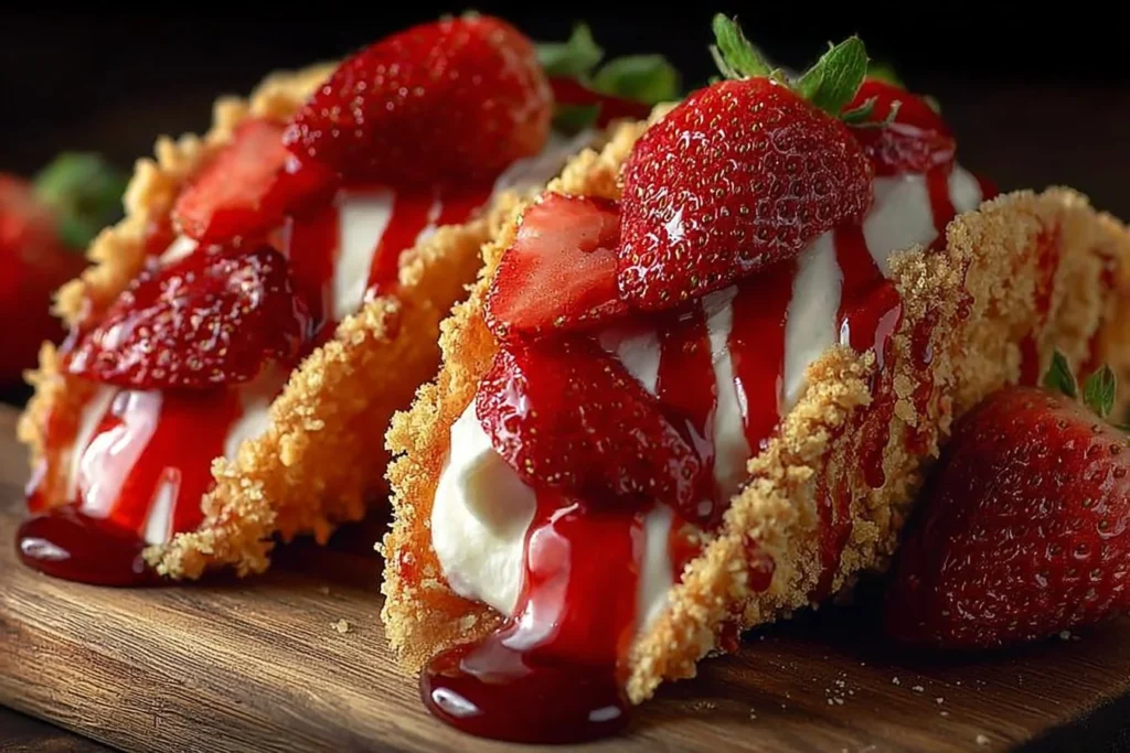 Delicious strawberry crunch cheesecake tacos served on a plate