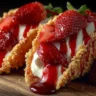 Delicious strawberry crunch cheesecake tacos served on a plate
