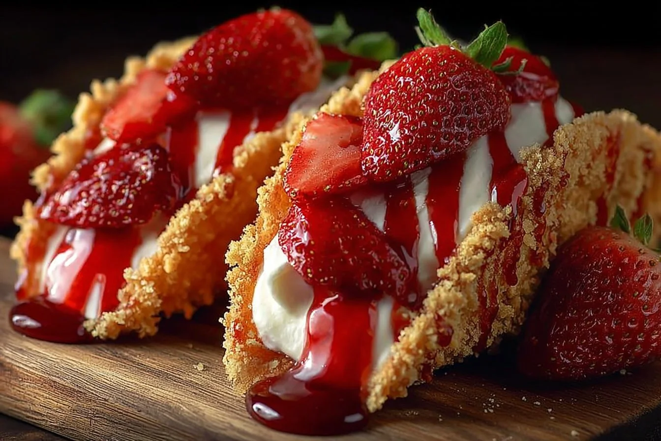 Delicious strawberry crunch cheesecake tacos served on a plate