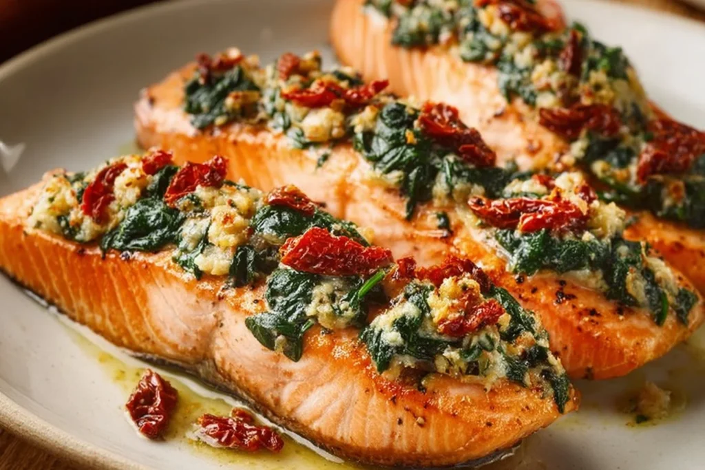 Stuffed salmon featuring spinach and feta cheese, cooked to perfection.