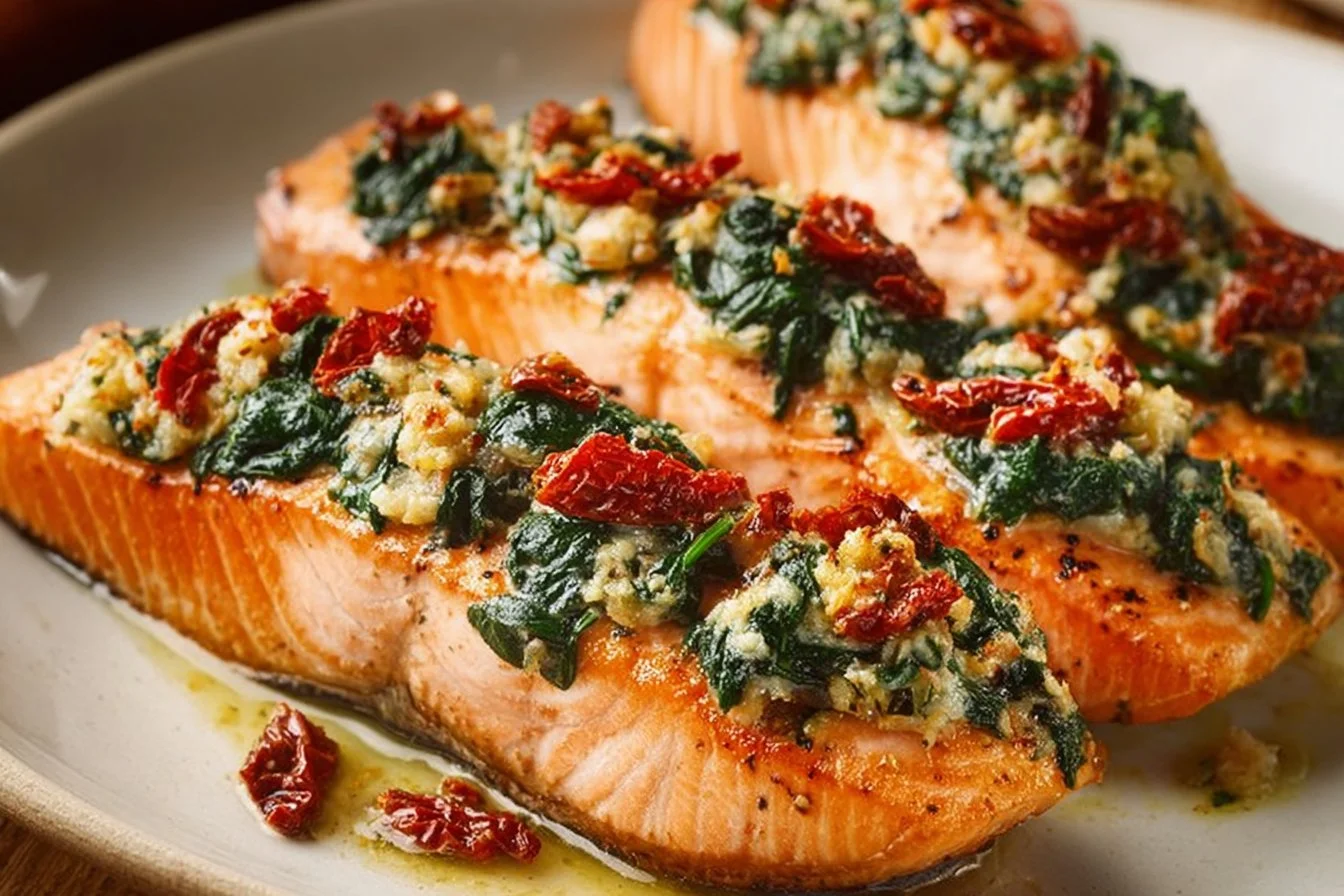 Stuffed salmon featuring spinach and feta cheese, cooked to perfection.