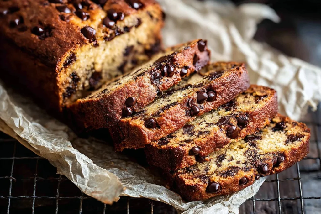 Deliciously moist chocolate chip banana bread sliced on a wooden cutting board