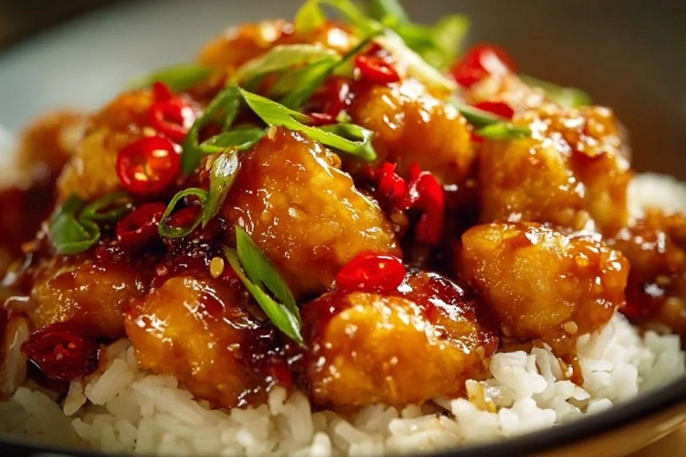 Delicious Sweet Chili Chicken garnished with fresh herbs