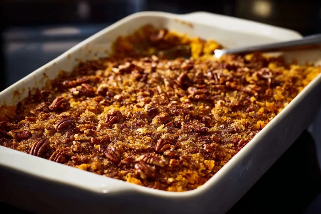 Delicious Sweet Potato Soufflé served on a plate, garnished with toppings.