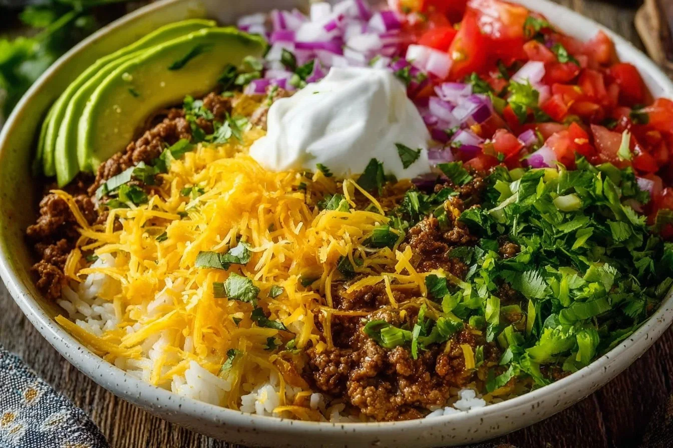 A colorful Taco Rice Bowl topped with seasoned beef, fresh veggies, and salsa.